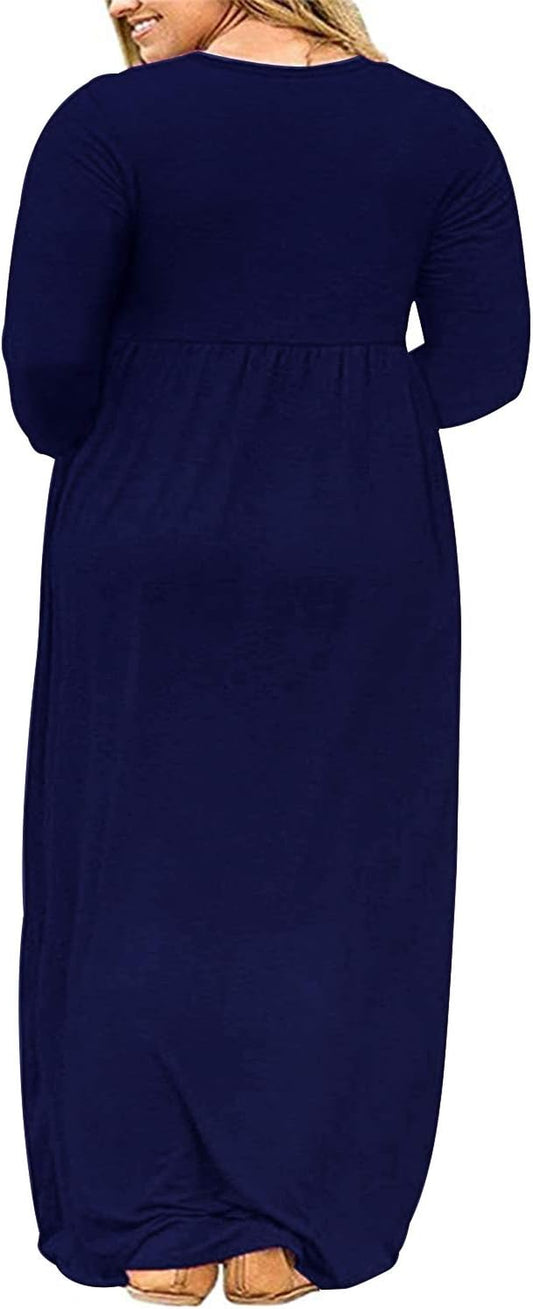AUSELILY Women's Plus Size Long Sleeve Maxi Dress with Pockets in Navy Blue (Size 24W)