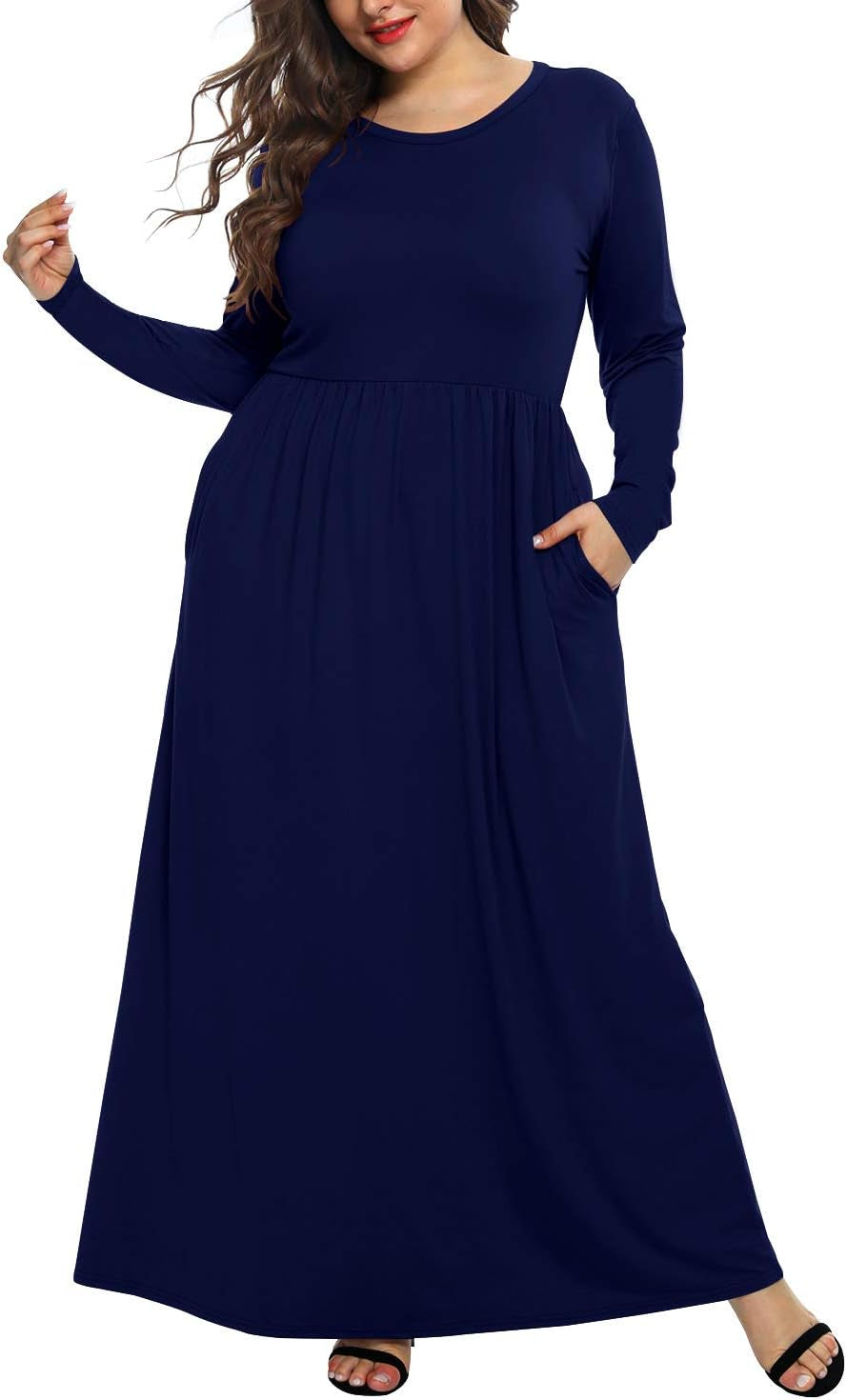 AUSELILY Women's Plus Size Long Sleeve Maxi Dress with Pockets in Navy Blue (Size 24W)
