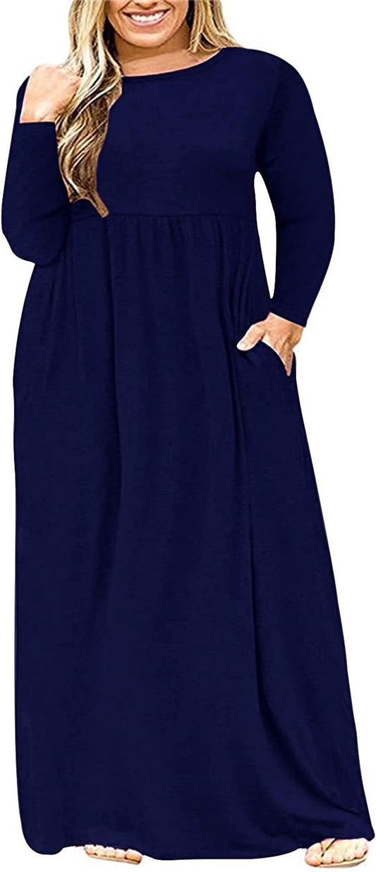 AUSELILY Women's Plus Size Long Sleeve Maxi Dress with Pockets in Navy Blue (Size 24W)