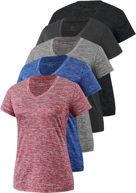 5-Pack Women's Moisture-Wicking Short Sleeve Athletic V-Neck T-Shirts