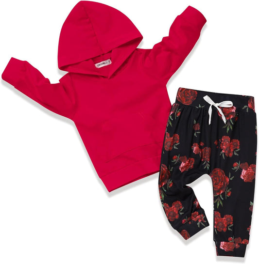 Toddler Girls' Floral Hoodie Sweatshirt and Pants Set with Headband - Fall/Winter Outfit